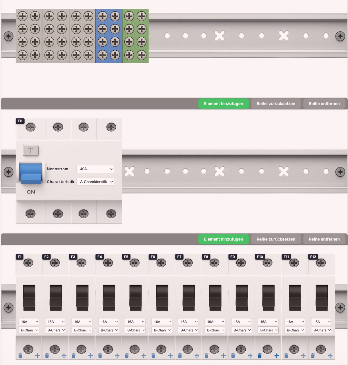 Konfiguration eines Sicherungskastens mit FI-Schalter (40A) und mehreren Leitungsschutzschaltern