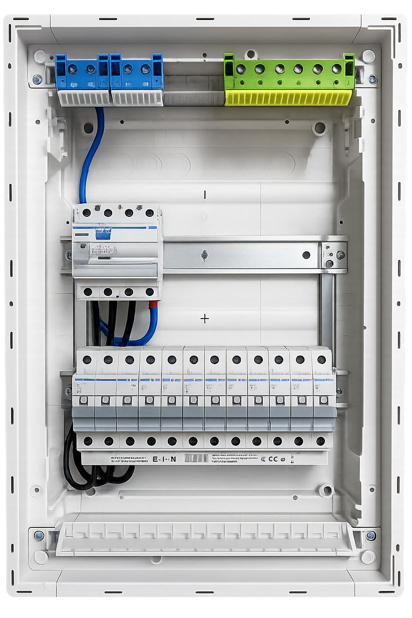 Verdrahteter Sicherungskasten mit FI-Schalter und Sicherungsautomaten